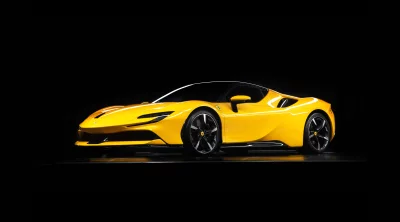 Sleek Yellow Ferrari SF90 Stradale Supercar on Black Background image