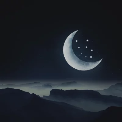 Ethereal Night Landscape with Crescent Moon and Sparkling Stars over Misty Mountains image