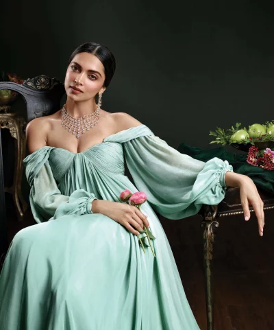 Elegant Woman in Mint Gown with Diamonds and Peony Buds image