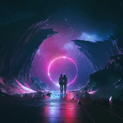 Couple Gazing at Luminous Pink Neon Ring in Abstract Cosmic Landscape Under Starry Sky image
