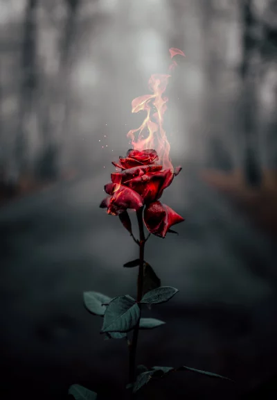 Vibrant Red Rose Engulfed in Flames on a Moody Forest Road image