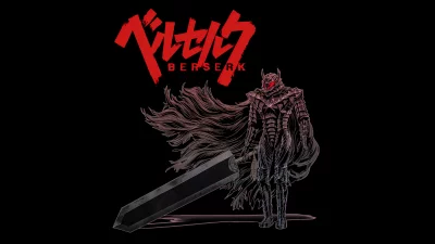 Anime Manga Berserk Guts in Berserker Armor with Dragonslayer Sword on Black Background image