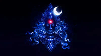 Mystical Blue Lord Shiva Digital Art with Radiant Third Eye and Crescent Moon image