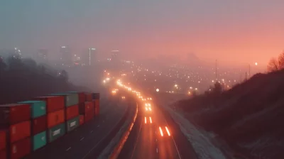 Dynamic Long Exposure Captures Highway Traffic, Freight Containers, and Hazy City Skyline at Dusk