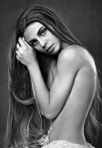 Monochrome Female Portrait: Hands Intertwined, Long Hair Cascading image