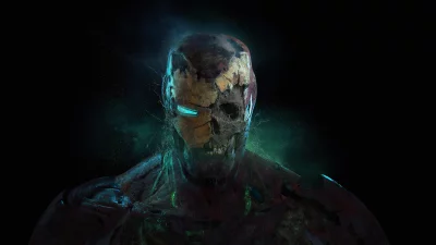 Battle-Worn Iron Man Helmet with Glowing Eye and Exposed Skull image