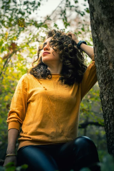 Autumn Serenity Curly-Haired Woman in Yellow Outdoors