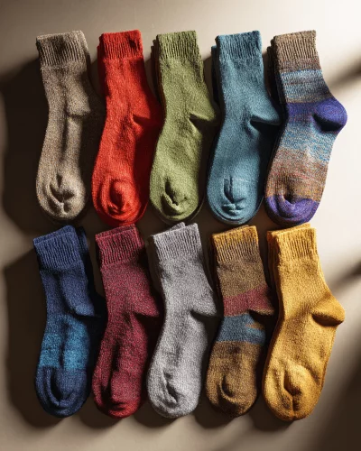 Cozy Knit Socks in Various Colors Arranged in Two Rows