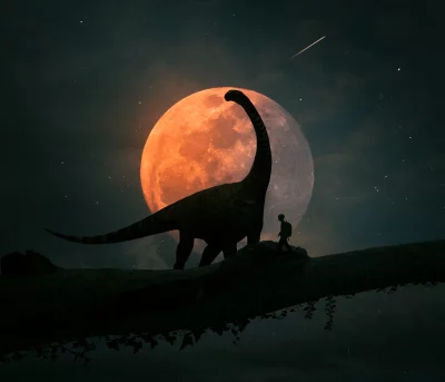 Traveler Encounters Ancient Dinosaur Under Blood Moon at Night image