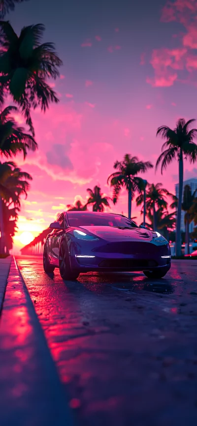 Luxurious car driving down palm-lined street at vibrant sunset