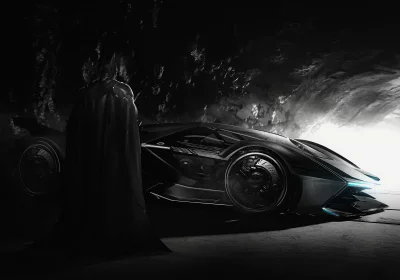 Batman Overlooking Batmobile in Gloomy Batcave Ready for Action image