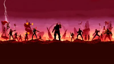Epic Superhero Battle Against a Powerful Villain Under a Fiery Red Sky Digital Art image
