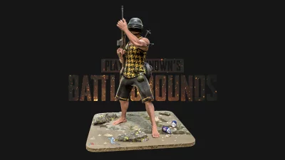 PUBG Character with Helmet and Rifle on Battleground Base 3D Rendered Gaming Art image