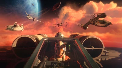Heroic Starfighter Pilot Navigating Squadron Through Fiery Alien Sky image