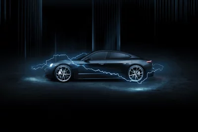 Sleek Electric Sports Car with Dynamic Lightning Effect on Dark Background image