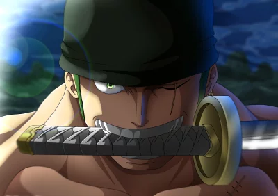 Dynamic Anime Warrior Roronoa Zoro with Katana in Mouth and Determined Gaze image