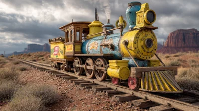 Colorful vintage steam locomotive train on tracks in desert landscape