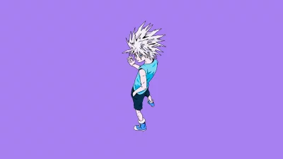 Anime Boy with Spiky White Hair and Casual Blue Outfit on Solid Purple image