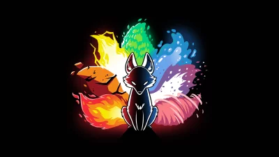 Mythical Fox Spirit with Elemental Powers and Glowing Tails on Black Background image