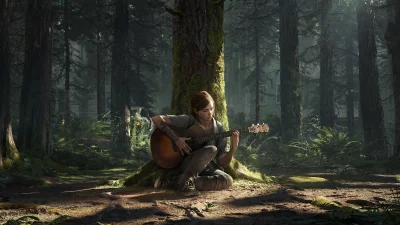 Ellie Playing Acoustic Guitar in Serene Post-Apocalyptic Forest Sunlight image