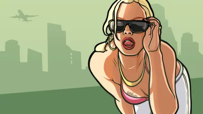 Vibrant Stylized Blonde Woman in Sunglasses with Urban Cityscape and Airplane image