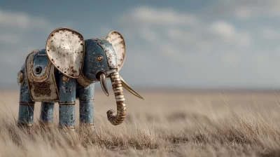 Industrial Steampunk Elephant Robot with Golden Tusks in Arid Grassy Landscape