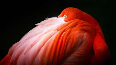 Vibrant Flamingo with Piercing Blue Eye Amidst Red and Pink Feathers image