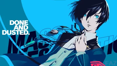 Dynamic Anime Protagonist in Blue Uniform with Glowing Device and Bold Typography image