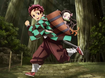 Demon Slayer Siblings Tanjiro and Nezuko Running Through a Mystical Forest Adventure image