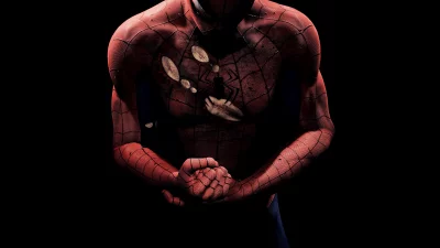 Battle-Worn Spider-Man Suit Close-up with Dramatic Lighting and Damaged Web Pattern image