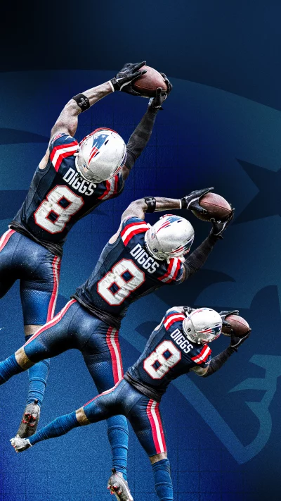 Dynamic American Football Player Diggs Leaping to Catch Ball in Intense Game Action image