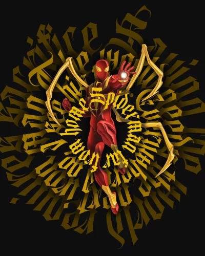 Dynamic Iron Spider-Man in Red and Gold Suit with Calligraphy Background Art image