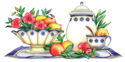 Vibrant Still Life Illustration of Fruit Bowl and Teapot with Blooming Flowers image