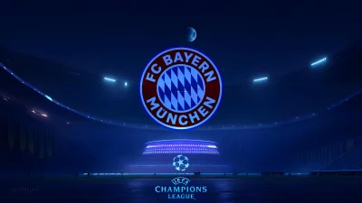 Iconic FC Bayern München and Champions League Logos Glowing in a Dark Stadium image