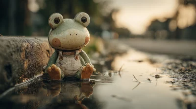 Whimsical Frog Statue Sitting in a Puddle Reflecting the Sky