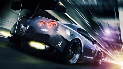 Dynamic Nissan GT-R Widebody Speeding Through Tunnel at Night with Glowing Exhaust image