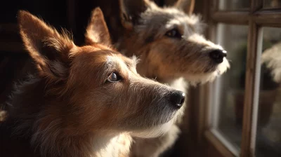 Two loyal dogs gazing intently through a rustic window with warm sunlight