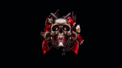 Ornate Golden Skull with Glowing Red Flowers and Crossed Weapons on Black Background image