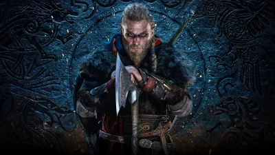 Fierce Viking Warrior with Axe on Ancient Norse Patterned Background image