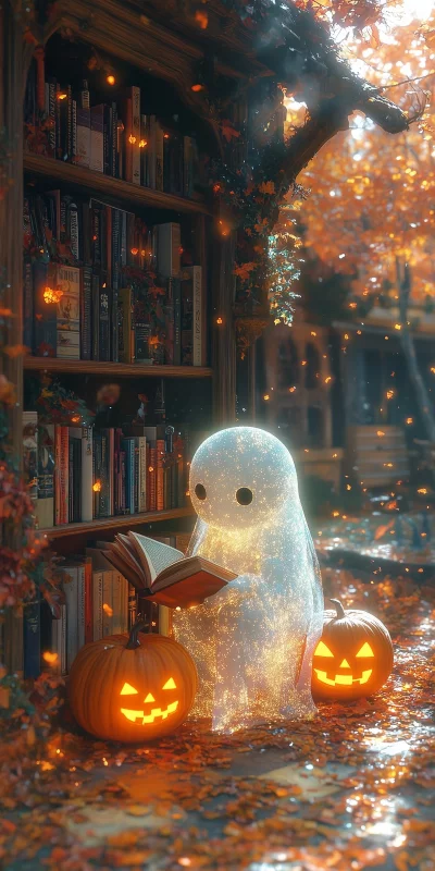 Enchanting Halloween Scene: Ghost Reading by Bookshelf with Pumpkins