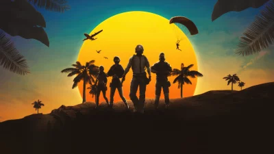 Tactical Military Squad Silhouette in Tropical Desert Sunset Action Game image