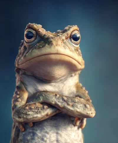 Slightly Grumpy Frog with Crossed Arms, Contemplating on a Dark Background image