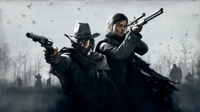 Two Dedicated Hunters Aiming Firearms in a Dark, Misty Wilderness image