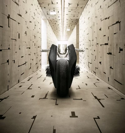 Sleek Futuristic Motorcycle Design in High-Tech Concrete Corridor image