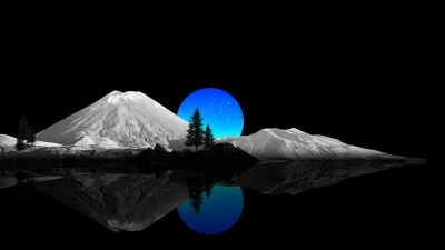 Abstract Night Landscape: Snowy Peaks, Pine Trees, and Glowing Blue Moon Reflected in Water image