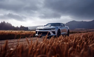 Sleek Silver Chevrolet Camaro on a Rural Dirt Road Amidst Golden Wheat Fields image