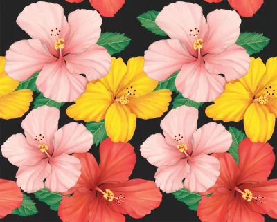 Vibrant Tropical Hibiscus Flowers Seamless Pattern on Dark Background image