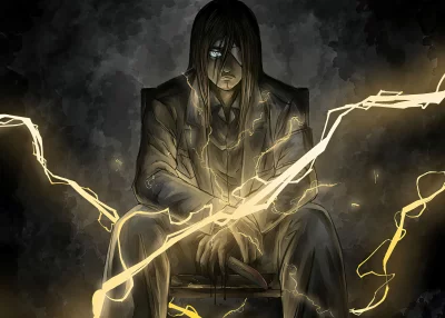 Intense Anime Character with Glowing Blue Eyes and Lightning Aura Holding a Knife image