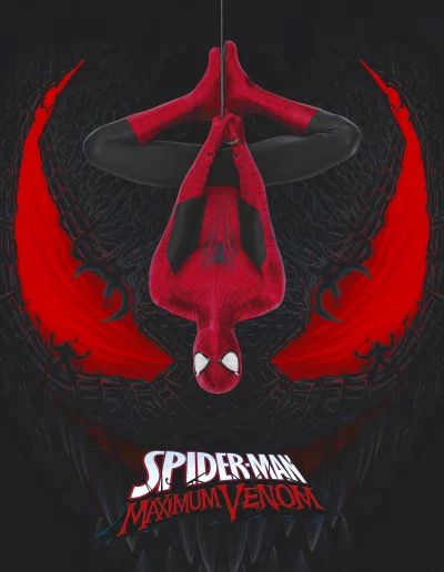 Spider-Man Suspended Upside Down with Maximum Venom Theme Digital Art image