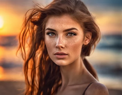 Intense Gaze Portrait of Young Woman with Freckles at Golden Sunset image
